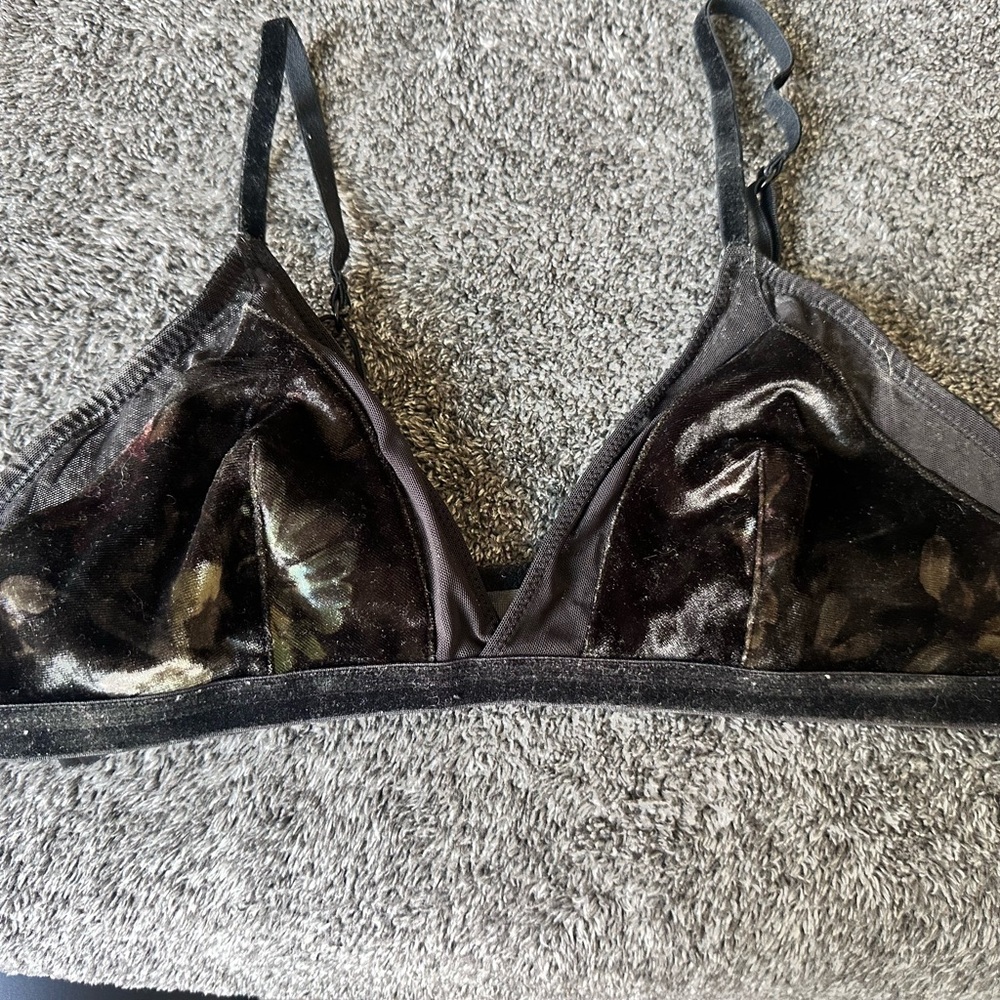 Black Velvet Bralette with Green Floral Detail – Chic & Elegant